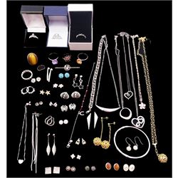 Collection of silver and silver stone set jewellery including Pandora 'Infinity' ring, marcasite Claddagh ring and six other stone set rings, twenty four pairs of earrings, hinged bangle, five pendant necklaces, three bracelets, brooch and a 9ct gold signet ring, all hallmarked or tested