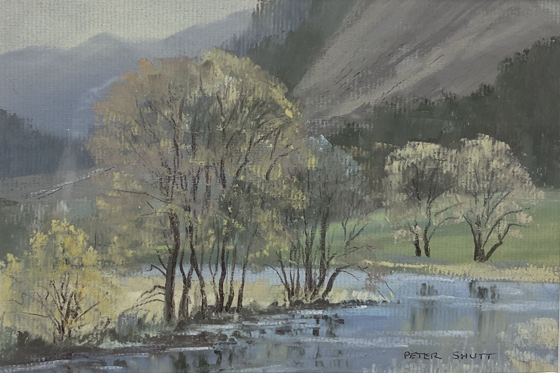 Peter Shutt (British 1926-2016): River Derwent - near Grange-in-Borrowdale, pastel signed, labelled verso 12cm x 18cm
