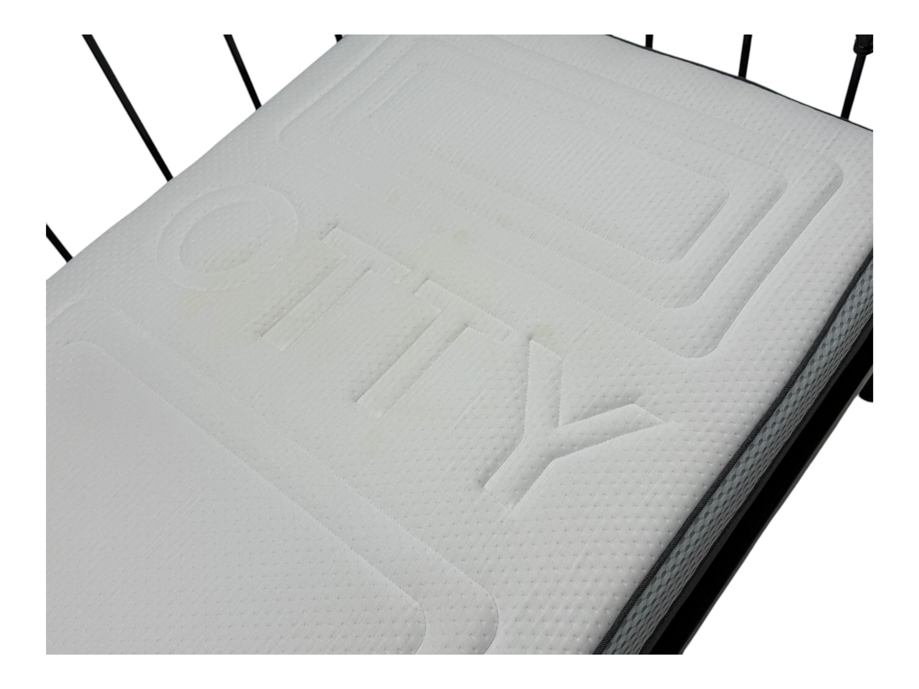 Contemporary Victorian revival black metal day bed, featuring arched back and sides with turned finials and spindle rails, complete with single 'OTTO' mattress