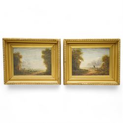 Circle of Benjamin Barker of Bath (British 1776-1838): Figures in a River Landscape with Bath Beyond, pair early 19th century oils on panel unsigned 22cm x 32cm (2)