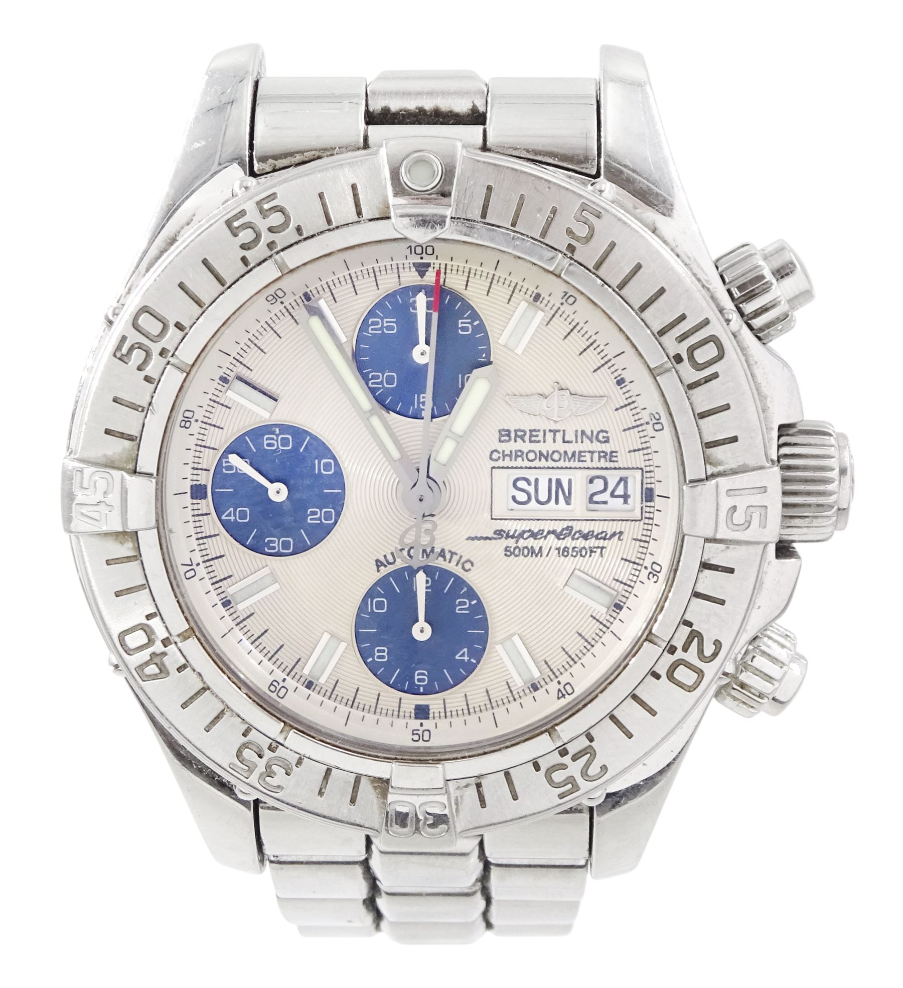 Breitling Superocean gentleman's automatic chronograph wristwatch, Ref. A133340, silvered dial with blue subsidiary seconds dials, on original stainless steel bracelet, with fold-over clasp, boxed with additional links and warranty card dated 2009