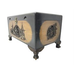 Singapore camphor wood blanket chest, rectangular hinged top with carved panel depicting traditional pagoda and river scenes