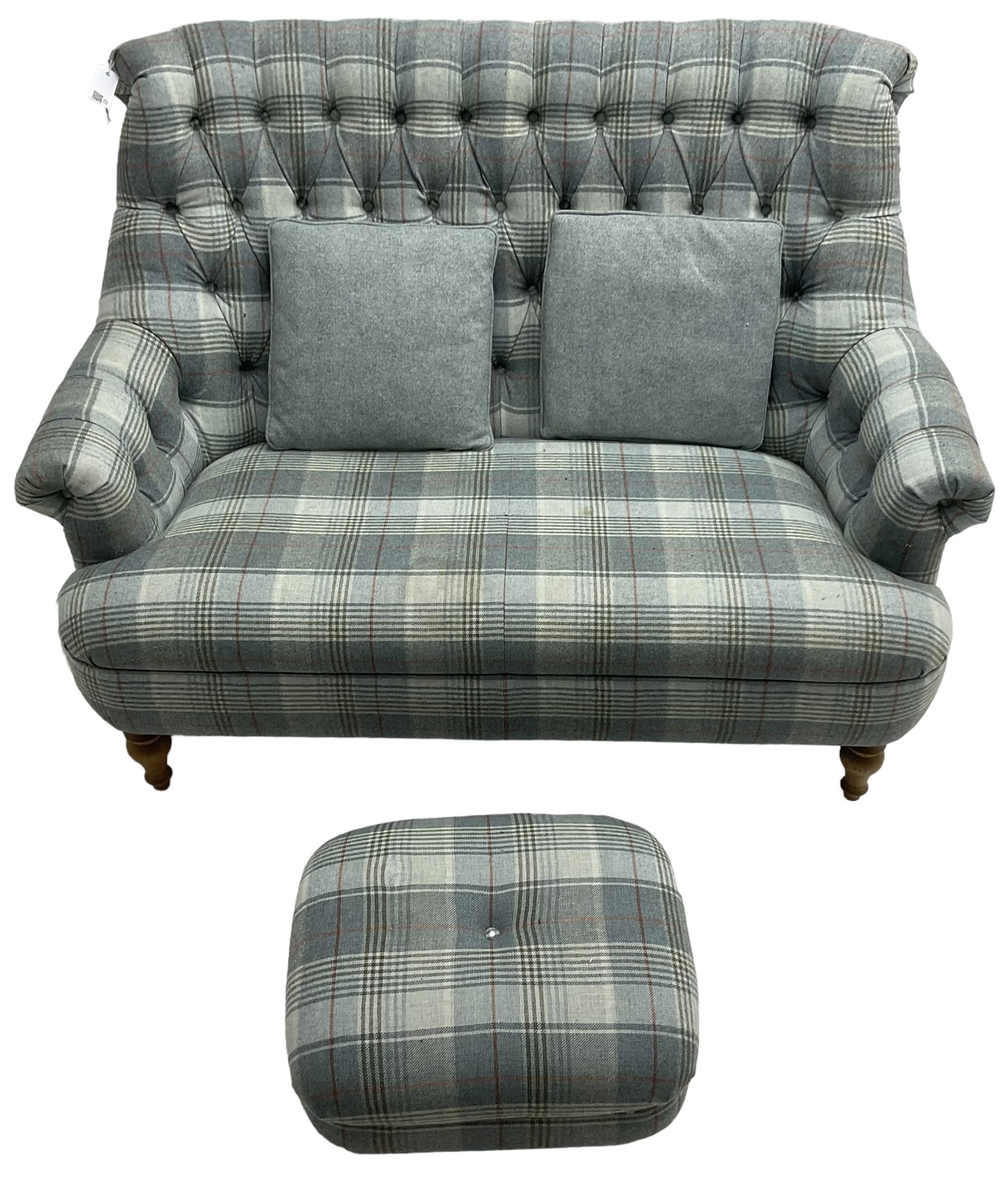 Wood Bros Furniture - 'Pickering Compact Two Seater Sofa', high rolled back, upholstered in buttoned 'Abraham Moon Huntingtower Celestial Fabric' in blue tartan, raised on turned oak feet, with matching footstool