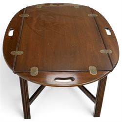 Georgian design mahogany butler's tray coffee table, rectangular tray with hinged shaped sides and pierced carrying handles, on square supports united by X-shaped stretchers