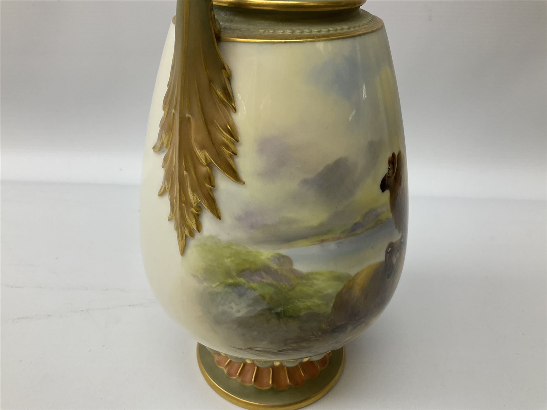 Early 20th century Royal Worcester vase decorated by Harry Davis, of ovoid form with twin acanthus mounted handles and waisted high neck supporting a domed cover, upon a circular foot, the body hand painted with sheep in a highland landscape, signed H Davis, with puce printed marks beneath including shape number 2425, and date code for 1907, H27.5cm