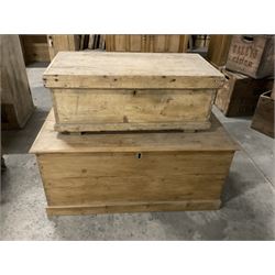 19th century pine blanket chest, rectangular hinged top, with twin wrought metal carrying handles (W93cm D47cm H43cm); together with another similar smaller (W75m D37cm H30) - THIS LOT IS TO BE COLLECTED BY APPOINTMENT FROM THE OLD BUFFER DEPOT, MELBOURNE PLACE, SOWERBY, THIRSK, YO7 1QY