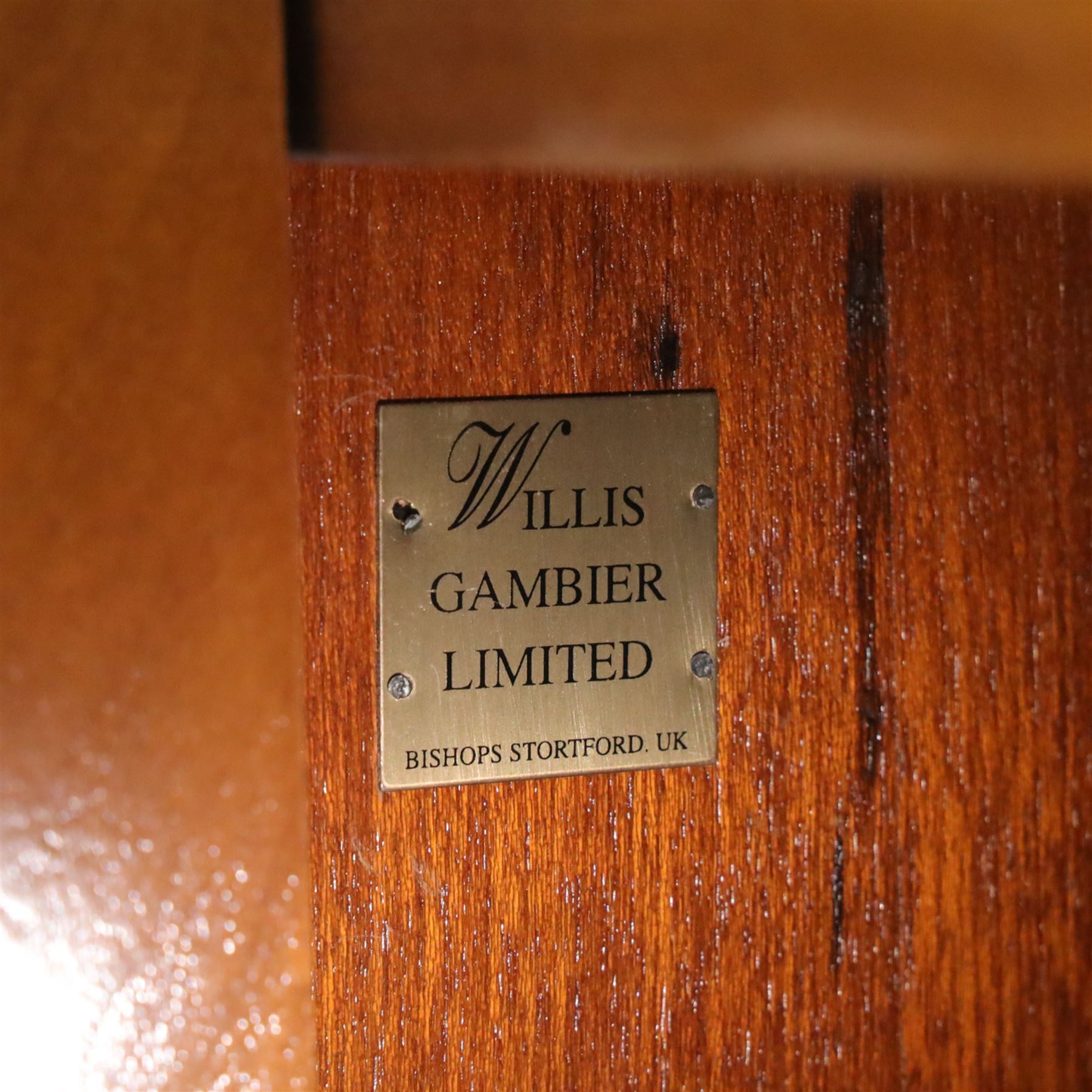 Willis & Gambier - French cherry wood bedside cabinets, each with square moulded top, frieze baize lined drawer and single cupboard door, raised on shaped plinth bases