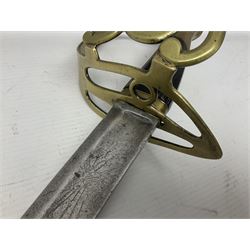 Late 18th century sword, the Spanish 79.5cm curving fullered blade engraved with the Royal Cypher, battle trophies and 'Viva Espania' banner, French Sabre de Mineur brass three-bar hilt with ebonised reeded grip L93.5cm overall (no scabbard)