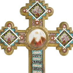 Italian micro mosaic cross, the central panel depicting a solitary female figure, each point decorated with sprigs of flowers, the inscription reading 'Anno Santo Roma 1900', H14cm