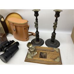 Pair of Rayswi of Harrogate carved oak candlesticks with brass mounts, in the form of an imp, together with a cased pair of Photopia binoculars, mother of pearl opera glasses, Bush radio, oak inkstand etc