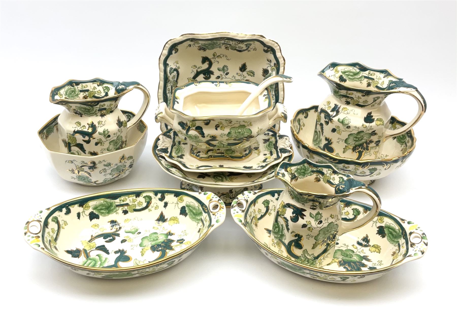 Collection of Various Masons Chartreuse and Mandalay Ironstone China, comprising a graduated set of three jugs, ladle, tureen, four serving dishes and two serving bowls 