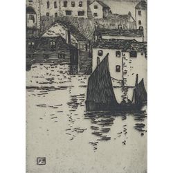 Edgar Lawrence Pattison (British 1872-1950): 'Newport Arch Lincoln', etching signed and titled; Frank Moore (British 20th century): Harbour Scene, etching signed; English school (20th century): Beached Boat with Cathedral Behind, etching inscribed max 19cm x 14cm (3)