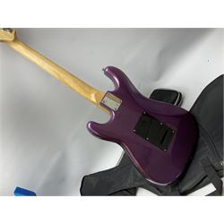 Heavy metal style electric guitar with crackled blue body L107cm; in Stagg gig bag; and Westfield electric guitar with metallic purple body L98cm; in soft carrying case (2)