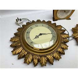 Two Smiths Sectric gilt sunburst wall clocks together Metamec Dereham wooden mantel clock, largest wall clock D35cm
