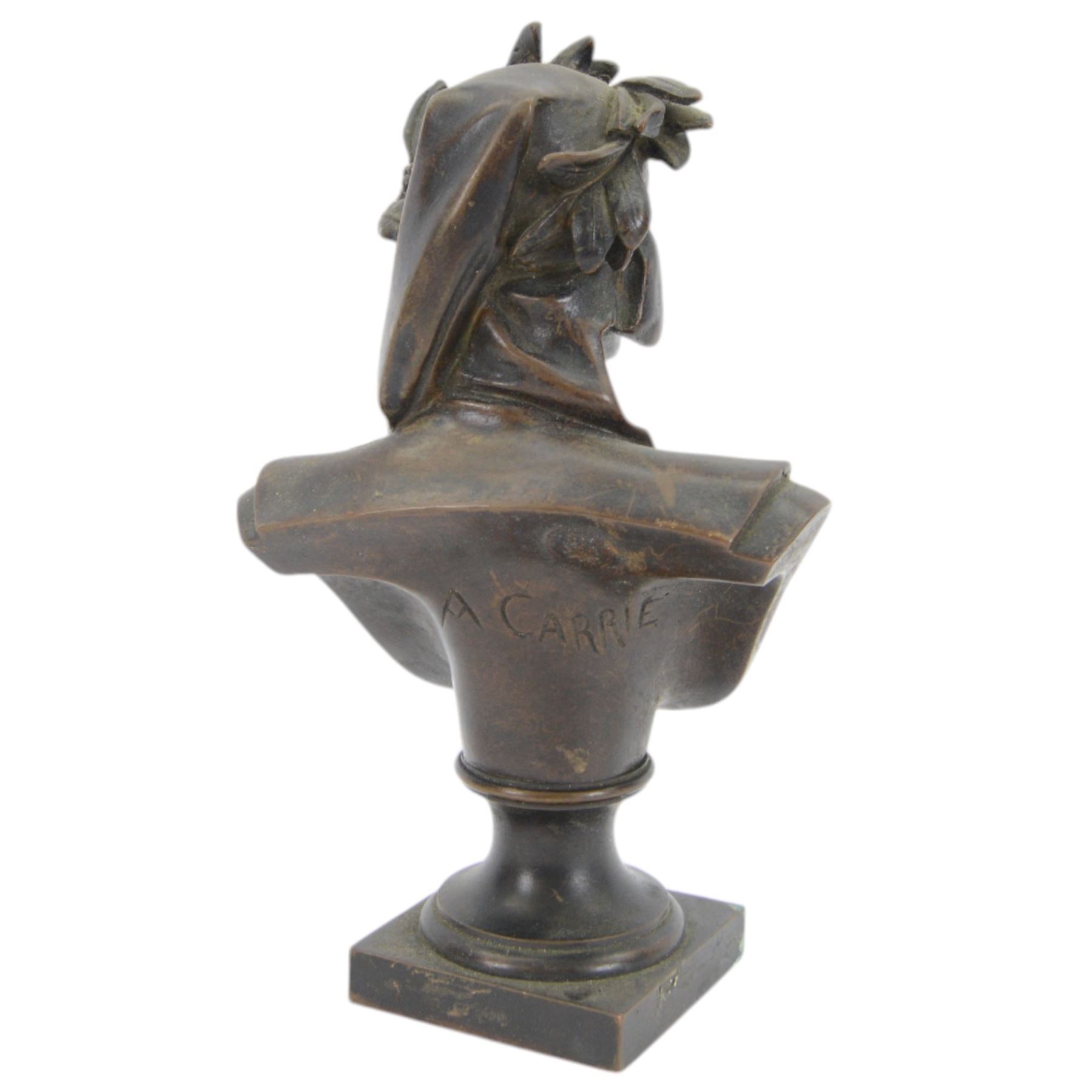 After A. Carrie, bronze bust depicting Dante Aligheri, upon socle and square plinth, signed verso with foundry mark, H22cm
