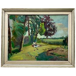 George Hodgkinson (British 1914-1997): 'Cheetham Park Stalybridge', oil on board signed 37cm x 48cm
Notes: Hodgkinson was a representational artist and draughtsman, member of the Manchester Academy of Fine Arts and Stockport Artists Guild. A prolific artist continuing to paint until his death, despite dementia, he left 800 works. There was a retrospective exhibition at the Astley Cheetham Art Gallery in 1998