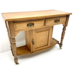 Late Victorian satin walnut wash stand, two drawers, turned supports joined by shaped undertier with single cupboard 