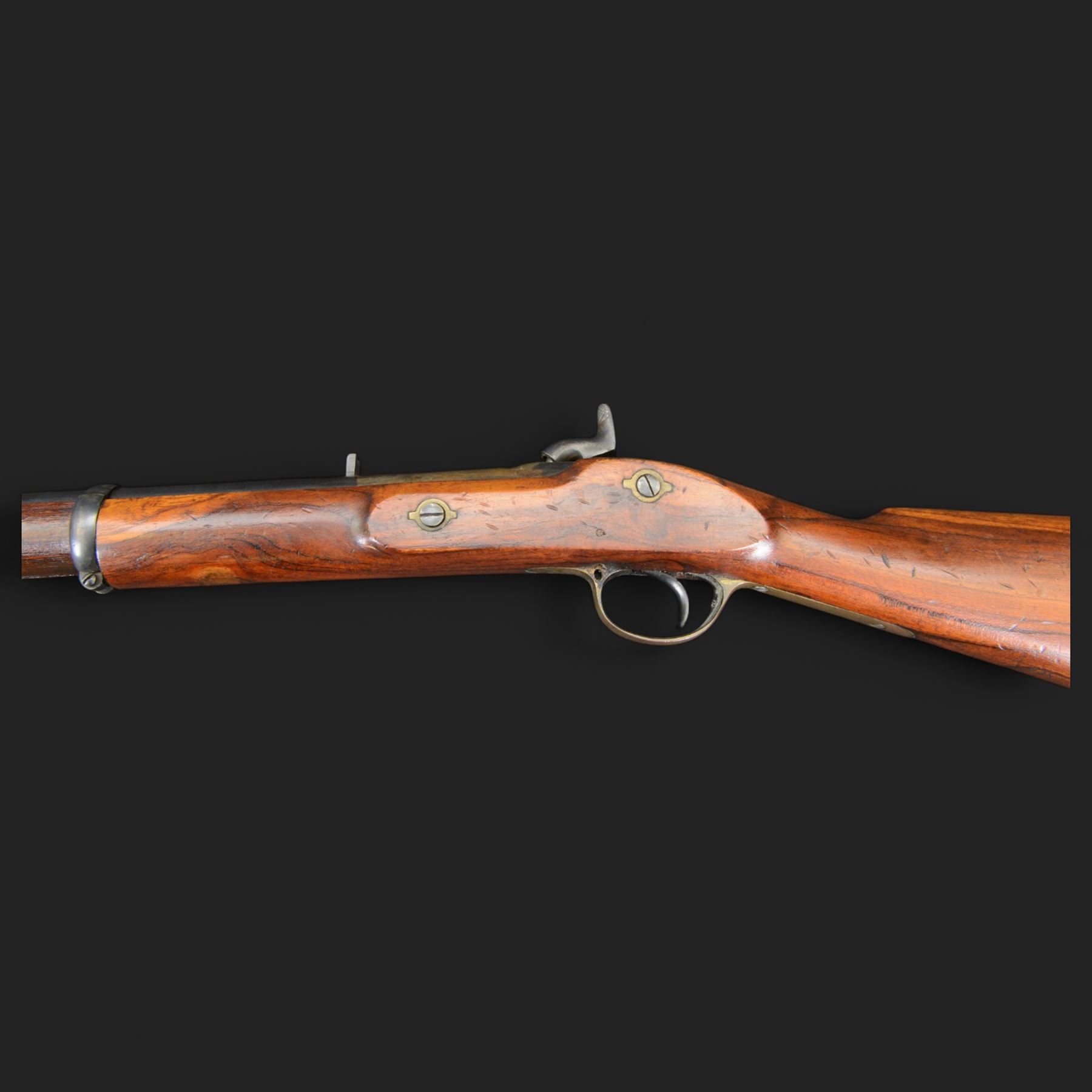Enfield .577 action rifle, the 91.5cm rifled barrel with three barrel bands and ramrod under, full walnut stock, action marked 'Enfield' with Victoria cypher, overall L131cm