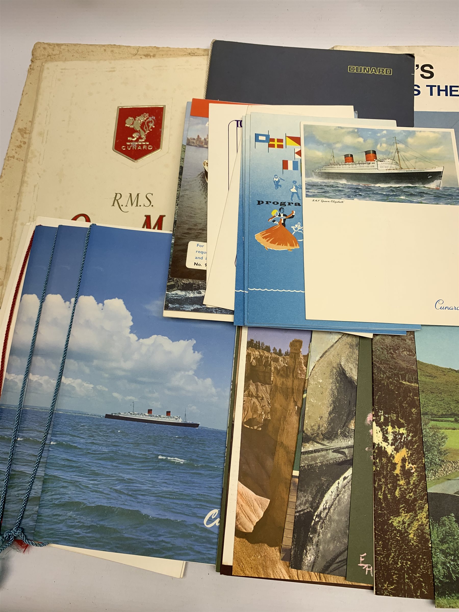 Cunard Liners memorabilia - RMS Queen Elizabeth, thirty menus January 1965; RMS Queen Mary, five menus September 1956 and voyage souvenir book; other menus etc October 1964 for both vessels; QE2 menu May 1969 and booklet