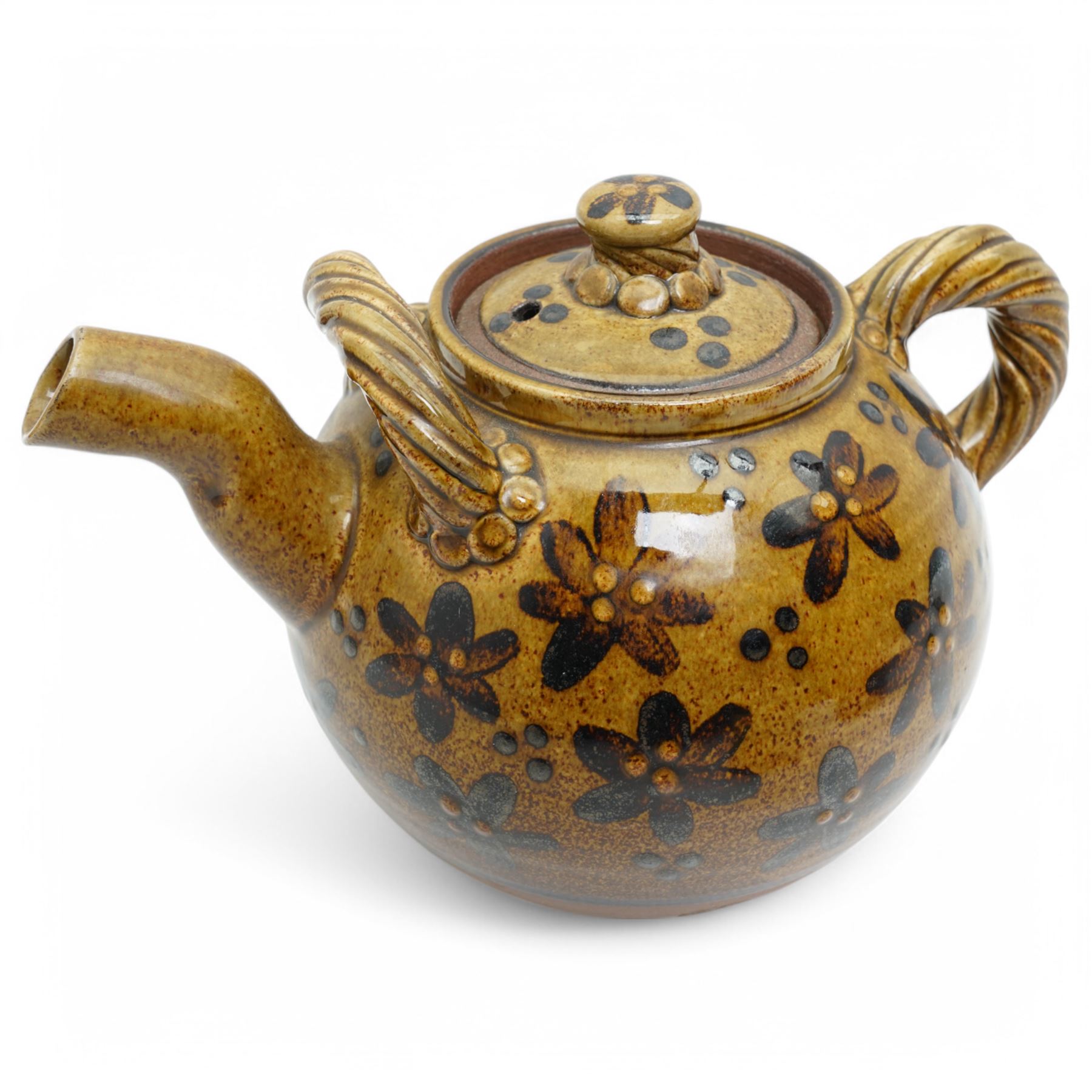 Peter Dick for Coxwold Pottery stoneware teapot decorated with flower heads, Coxwold Pottery mug and a Thornton Pottery jug