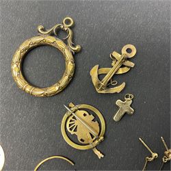 9ct gold jewellery, including sapphire and diamond cluster ring, 'Good Luck' anchor sweetheart brooch, two charms and a pair of stud earrings, together with a 15ct gold brooch commemorating the Battle of Ypres, Berwick Cycling Club medal and a gold wreath pendant