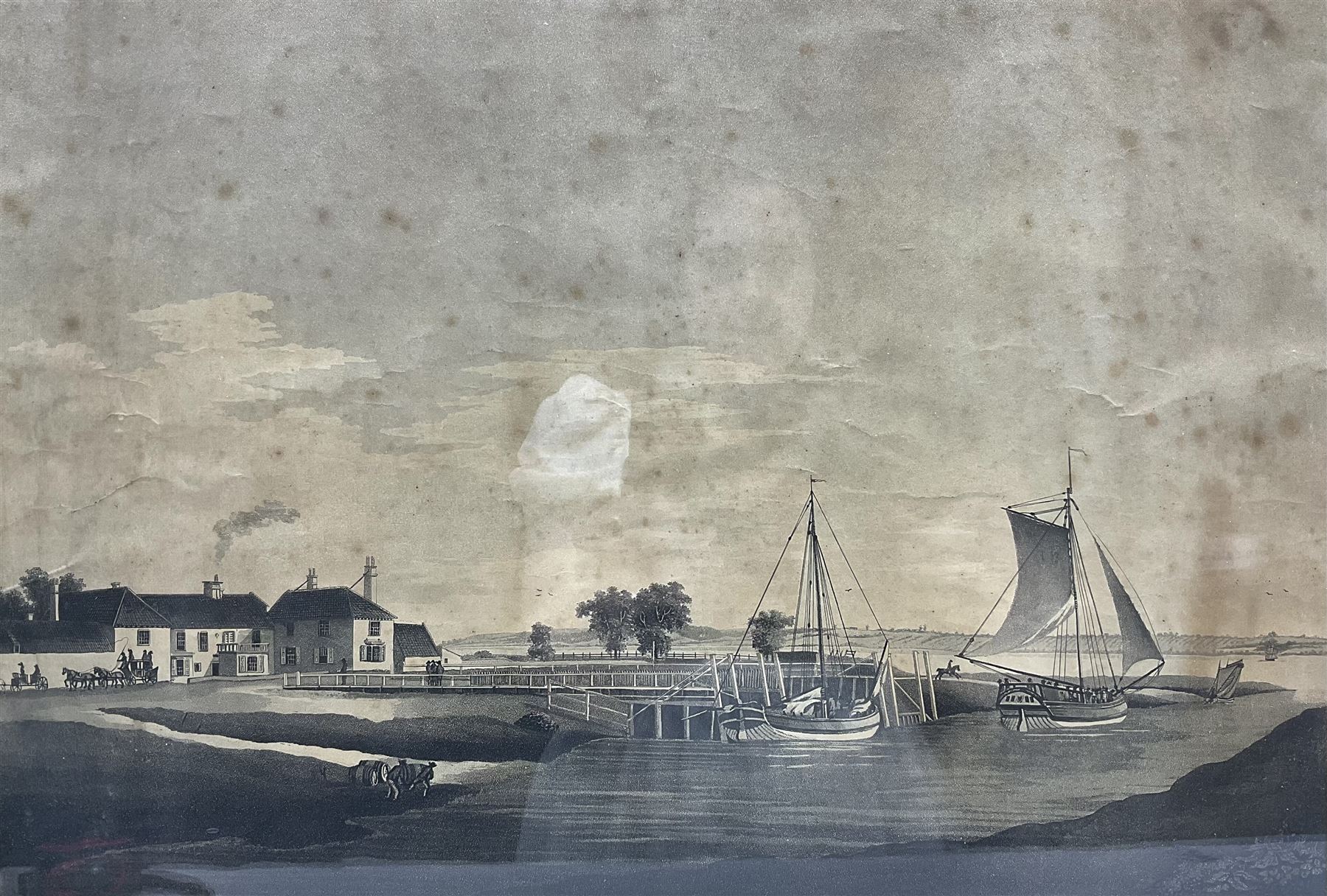 John Hassell (British 1767-1825) after Thomas Bradley (British 18th/19th century): 'Barton Ferry', engraving pub. 9th July 1801, inscribed 'To the Corporation of the Mayor and Burgesses of the Town and Borough of Kingston upon Hull, to whom this Plate from the Original Painting taken on the Spot is humbly Dedicated by their Grateful Servant Thomas Bradley' in the plate 41cm x 57cm  