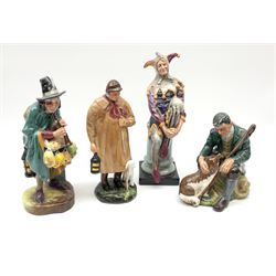 Four Royal Doulton figures, The Jester HN2016, The Mask Seller HN2103, The Master HN2325, and The Shepheard HN1975. 