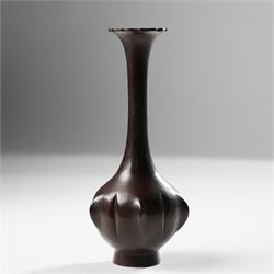 Japanese red patinated bronze bottle vase, the base with naturalistic lobed decoration, un...