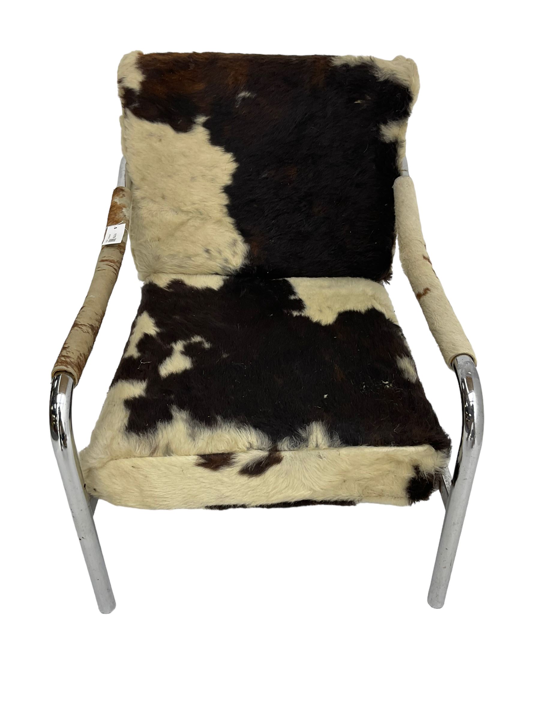 Tim Bates for Pieff - 1970s 'Beta' armchair, chrome frame with leather seat pad, the loose cushions and arms upholstered in tricolour cow hide