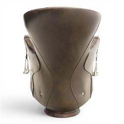 Timothy Oulton - saddle chair and stool upholstered in chocolate brown leather, with reclined back with diamond quilted cushions, stirrups upholstered to the sides  