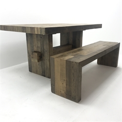 West Elm - reclaimed waxed pine dining table, square end supports joined by single stretcher (W158cm, H79cm, D99cm) and matching bench (W148cm, H47cm, D38cm)