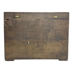 Early 20th century oak blanket chest, of rectangular form with iron strap hinges and surface-mounted drop handles, the interior fitted with iron lid stays, on bracket feet