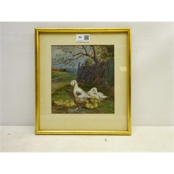  William Henderson of Whitby (British 1844-1904): 'Geese and Goslings Outside Wheathill Farm Goathland', oil on board signed, titled verso 19cm x 17.5cm  