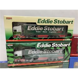 Corgi Eddie Stobart - Hauliers of Renown CC19904 Curtainside Trailer; two limited edition Scania R Curtainside CP18110 & CP18111; Roadscene CC18106 Scania R Curtainside; and three customer livery lorries CC86603  Sunpride, CC86604 Knauf and CC86702 The Mirror; all boxed (7)