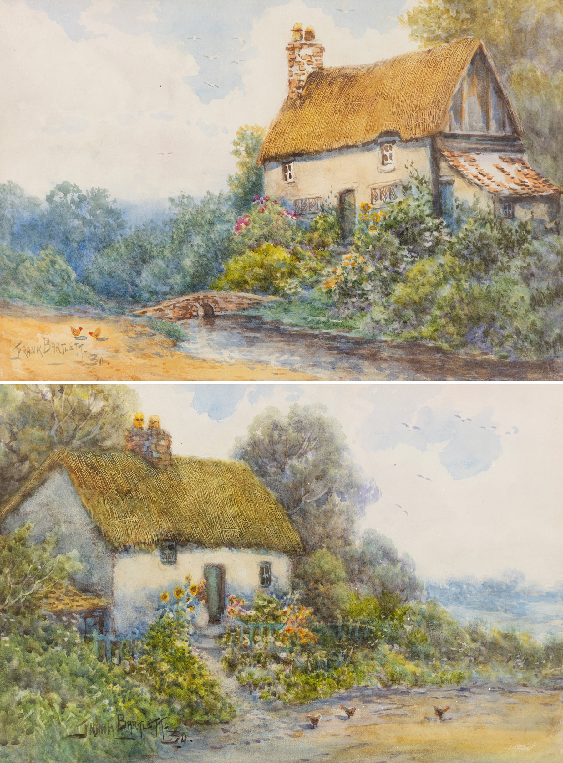 Frank Bartlett (British early 20th century): 'Cottage by the Road - Grassington' and 'Rural Cottage - Bolton Abbey', pair of watercolours signed and dated '30, titled on the mount 24cm x 35cm (2)