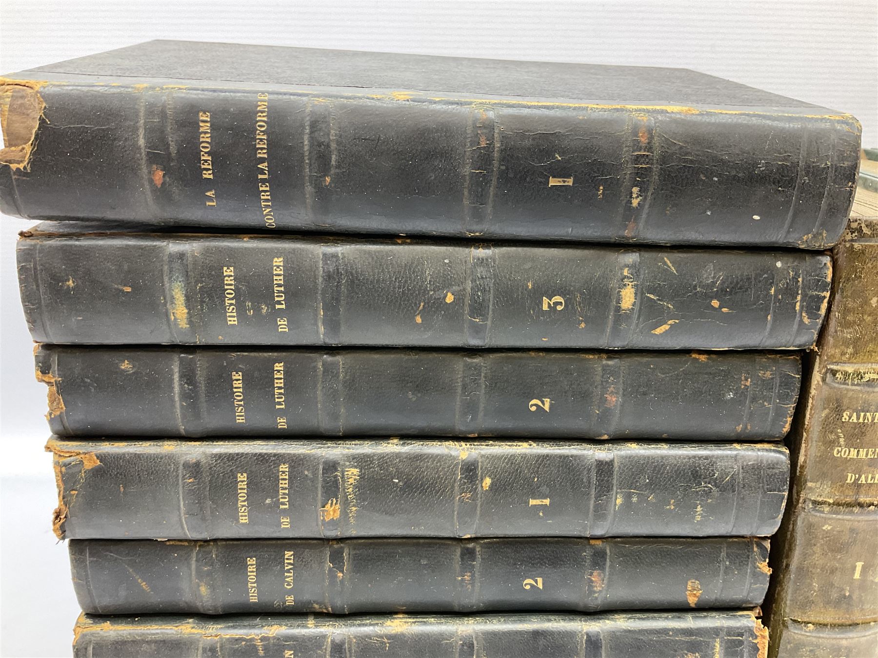 Histoire De Saint Bernard Et De Son Siecle par Le R.P. Marie-Theodore Ratisbonne. 1864 Paris. Two volumes; Nouveau Commentaire Litteral, Critique Et Theologique. 1854 Paris. Nine volumes; and Oeuvres De M. Audin. 1845/7 Paris. Eight volumes. All with leather bindings (19)