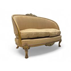 French Louis XV design walnut framed sofa, tub-shaped upholstered back with gilt foliate carved crest, padded seat with twin loose cushions, raised on cabriole supports with shell and acanthus leaf carvings