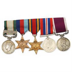 Group of five medals to 1723 Havildar Hukam Sing Thapa 1-3 Gurkha Rifles comprising India General Service, George VI with North West Frontier 1936-7 clasp, 1939-45 Star, Burma Star, War medal and George V Long Service and Good Conduct medal