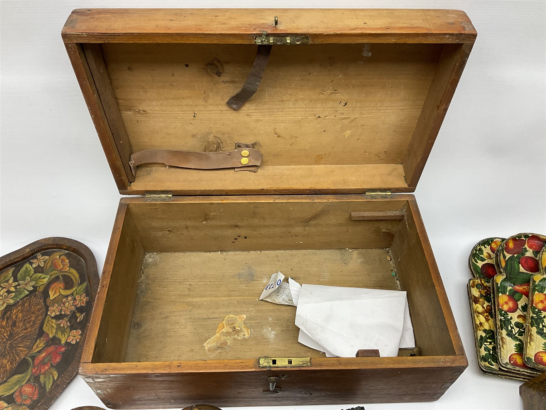 Folk art style dressing table set to include tray, mirror, brush etc, together with pair of wooden tulip vases, large wooden box etc 