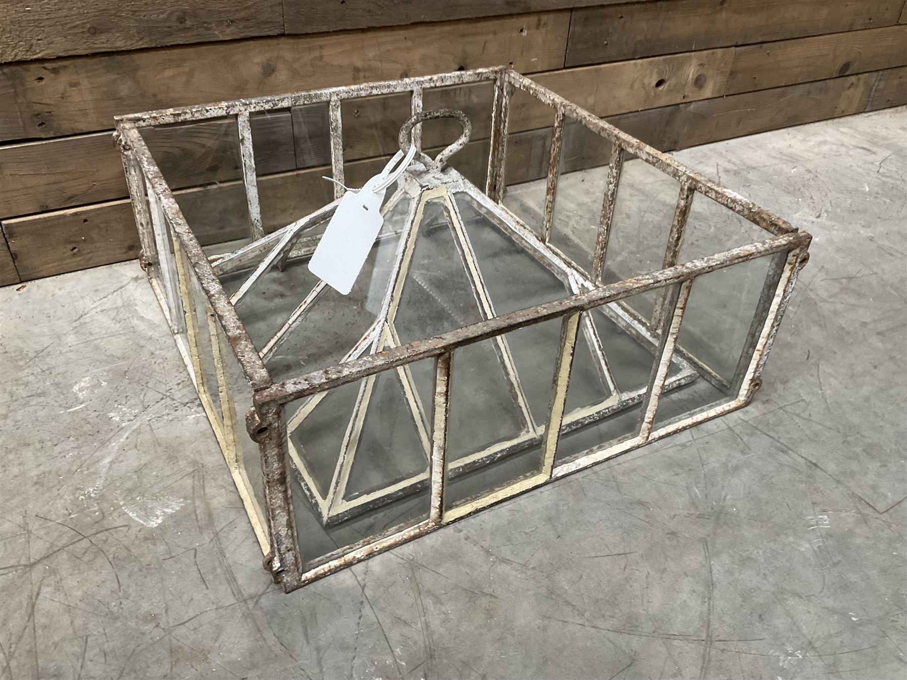 Victorian painted iron framed square garden cloche lantern, with associated sides (larger than the top piece), no fittings