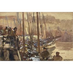 Joseph Richard Bagshawe (Staithes Group 1870-1909): Fishermen at Dock End Whitby, watercolour heightened in white signed 16cm x 24cm