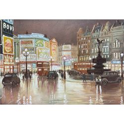 Steven Scholes (Northern British 1952-): 'Piccadilly Circus 1958', oil on canvas signed, titled verso 24cm x 35cm