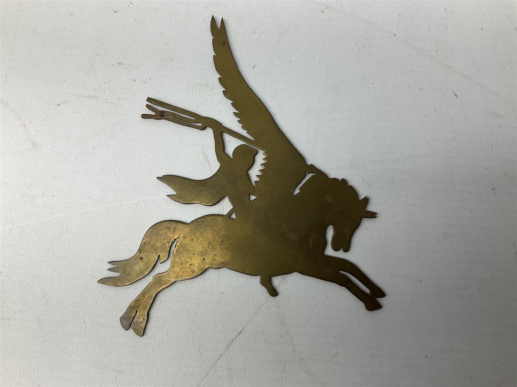 Presentation bronzed figure of a paratrooper by Peter Hicks mounted on a mahogany plinth with plaque inscribed ' Presented to Lieutenant General Sir Michael Gray KCB OBE President Army Parachute Association 1981-1987 An Outstanding Term of Leadership Friendship and Humour. Thank You All Ranks A.P.A.' H28cm; a brass Pegasus plaque H12cm; and small quantity of colour photographs and prints of military related paintings