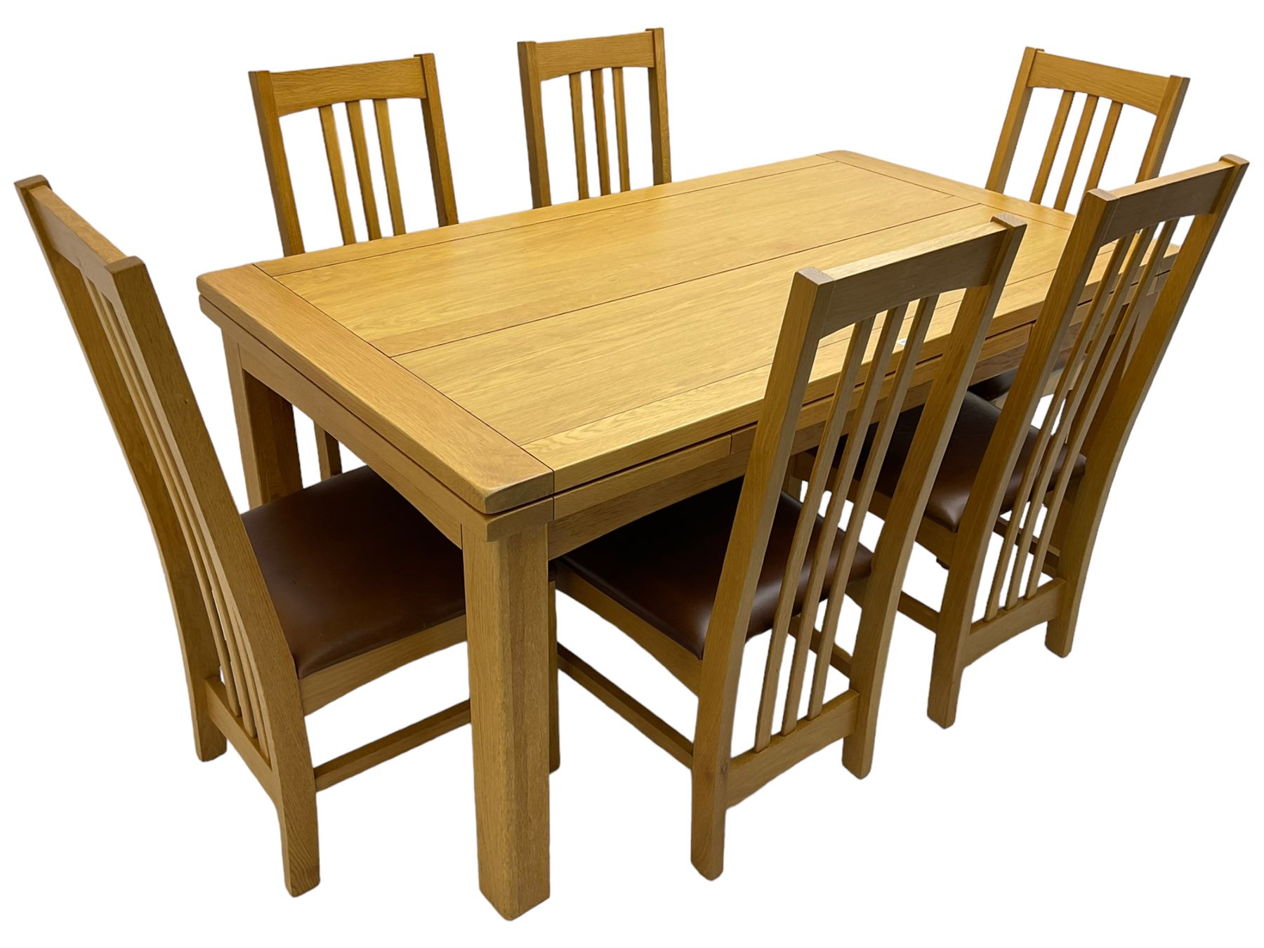 Multi-York - light oak dining table, rectangular draw leaf extending top, on square supports; together with a set of six chairs high back dining chairs with brown leather upholstered seats 