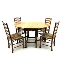Light oak drop leaf dining table and four ladder back chairs with seats