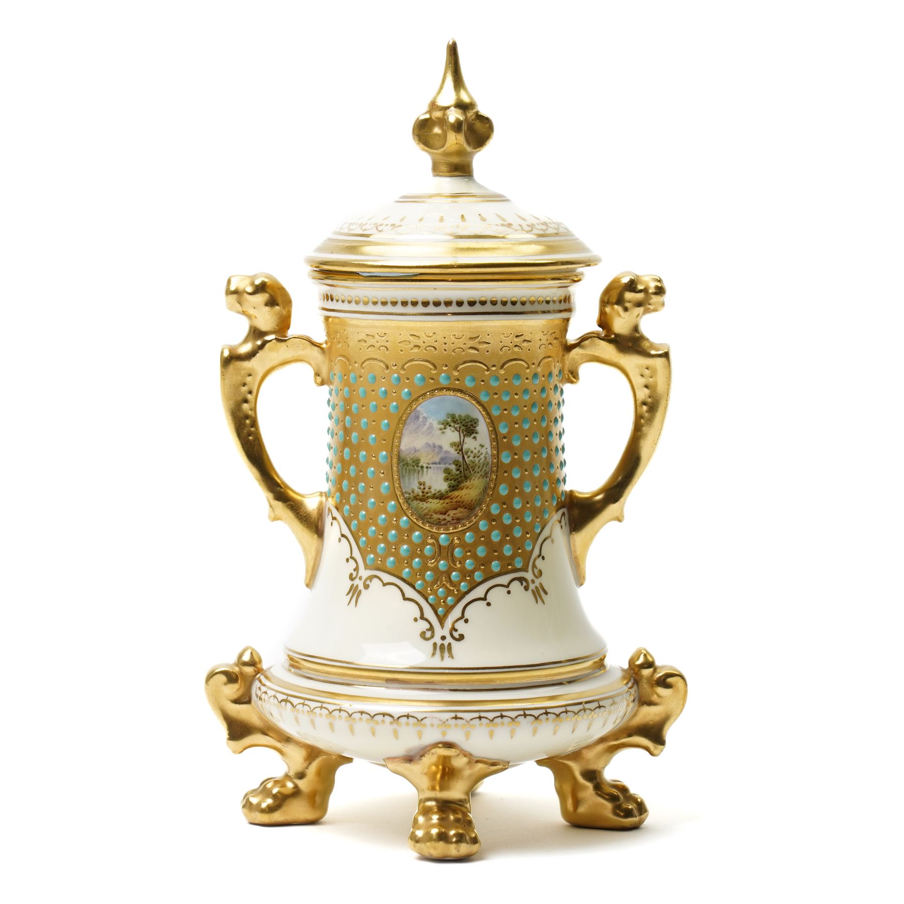 Coalport porcelain jewelled vase and cover, circa 1900, painted with a small enamel reserve of Loch Awe, printed backstamp and gilt numbered V5955, H17cm