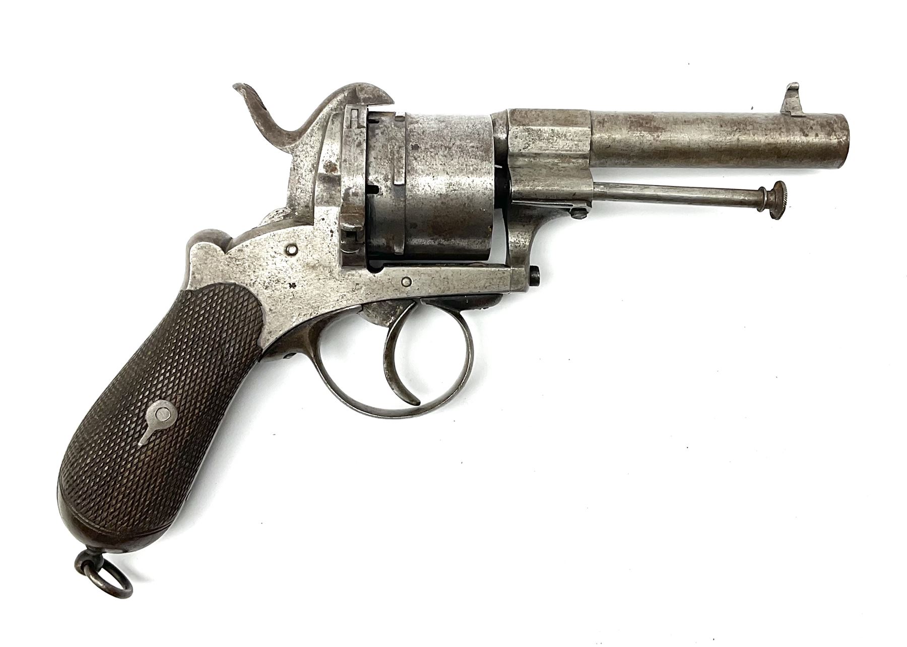 Mid-19th century 12mm (approx. .45cal.) six-shot pin fire revolver with single and double action, bears English proof marks, rifled barrel, fitted ejector rod and chequered walnut split grips L25cm