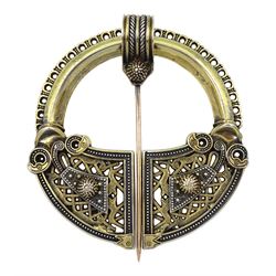 19th century Irish silver-gilt and gold Celtic Revival Tara brooch by Waterhouse & Company Dublin, openwork panels depicting animal and abstract motifs with applied bead work decoration, registration lozenge dated 1850  