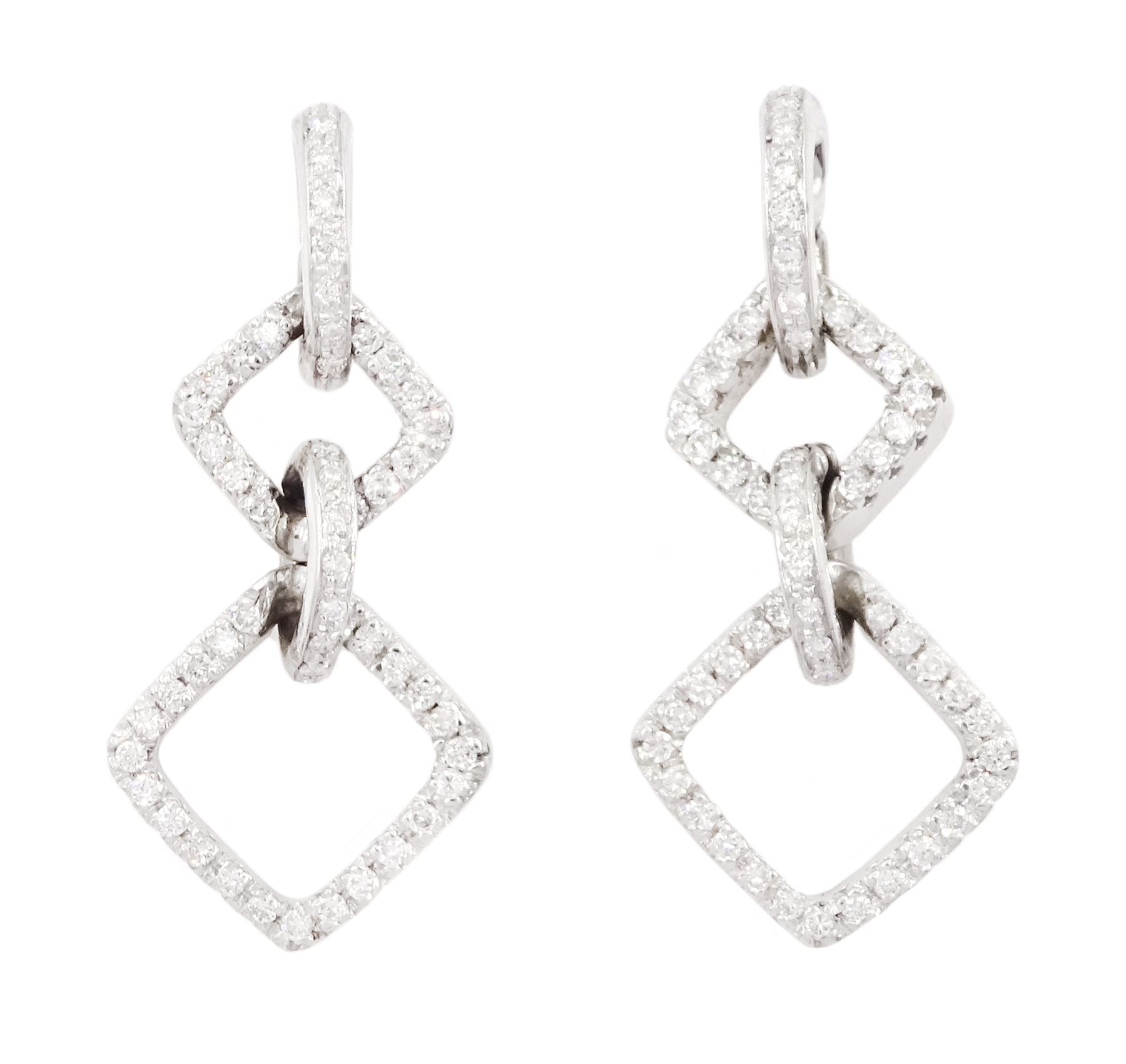 Pair of 18ct white gold round brilliant cut diamond square shaped pendant stud earrings, with diamond set bail, stamped 750, total diamond weight approx 1.10 carat