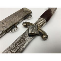 WW2 German RAD (Reichsarbeitdienst) Leader's hewer dagger,  the 25.5cm fullered steel blade engraved Arbeit Adelt (Work Enables) with Eickhorn squirrel maker's mark; scrolling cross-piece, mahogany grip and eagle pommel; in decorative plated scabbard L40cm overall.